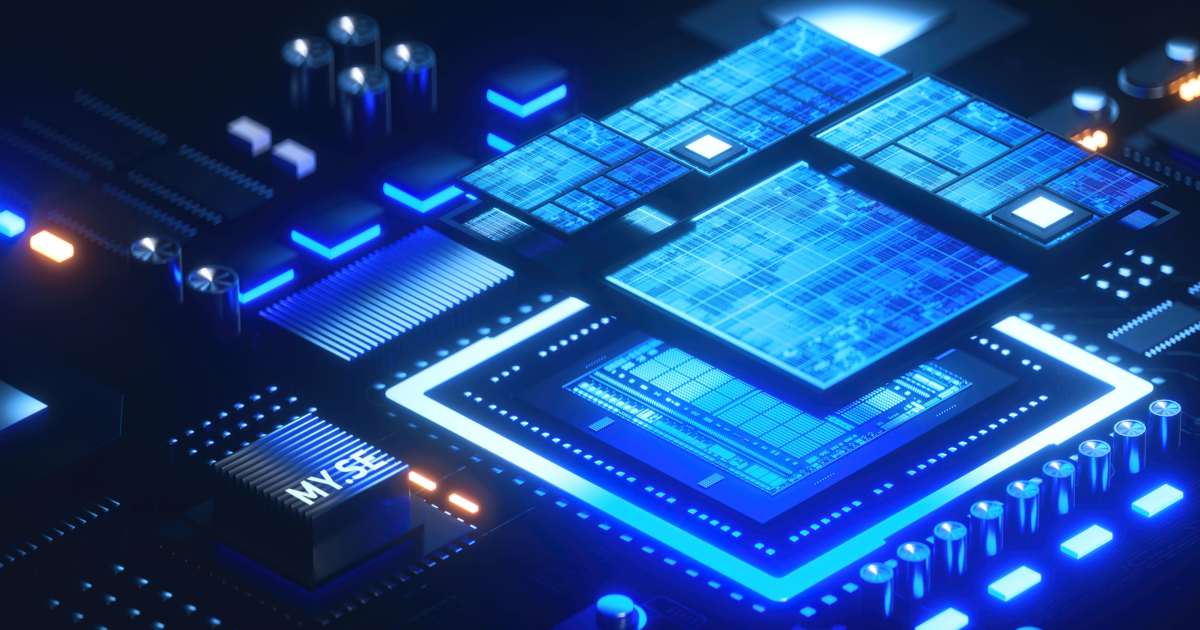 En närbild, digital illustration av ett glödande blått datormikrochip och kretskort, med upplysta komponenter och invecklade mönster, som representerar avancerad teknik och hårdvara.