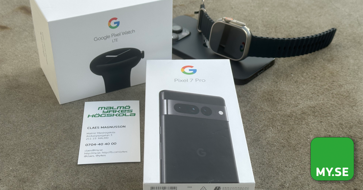 En Google Pixel 7 Pro-box, Google Pixel Watch LTE-box med klocka, visitkort från Malmö Yrkeshögskola och en grön MY.SE-logotyp är arrangerade på en grå yta.