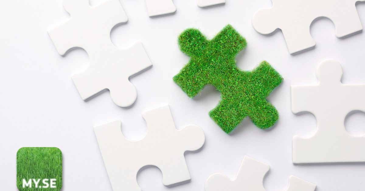 En grupp vita pusselbitar omger en grön pusselbit med grässtruktur. I det nedre vänstra hörnet finns en fyrkantig logotyp som liknar gräs med texten "MY.SE" på. Bakgrunden är vit.