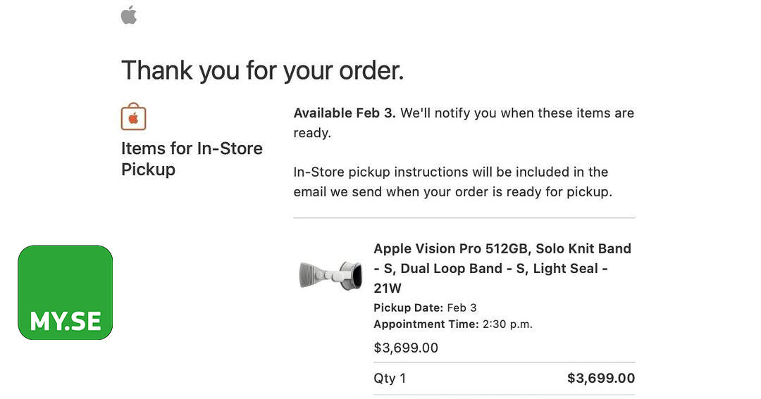 En orderbekräftelse online för Apple Vision Pro 512 GB med Solo Knit Band, som visar upphämtningsdatum 3 februari, mötestid 14:30 och totalpris 3 699,00 USD. En grön MY.SE-logotyp visas till vänster.