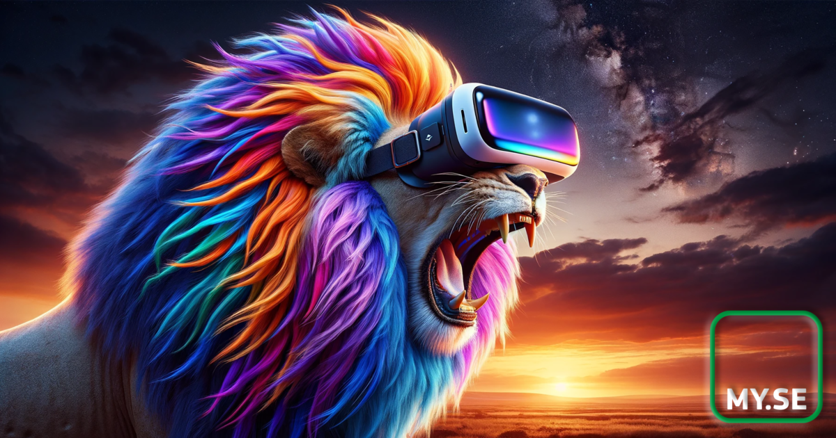 Ett rytande lejon med en livfull, regnbågsfärgad man bär ett futuristiskt VR-headset mot en dramatisk solnedgångshimmel. MY.SE-logotypen syns i hörnet.