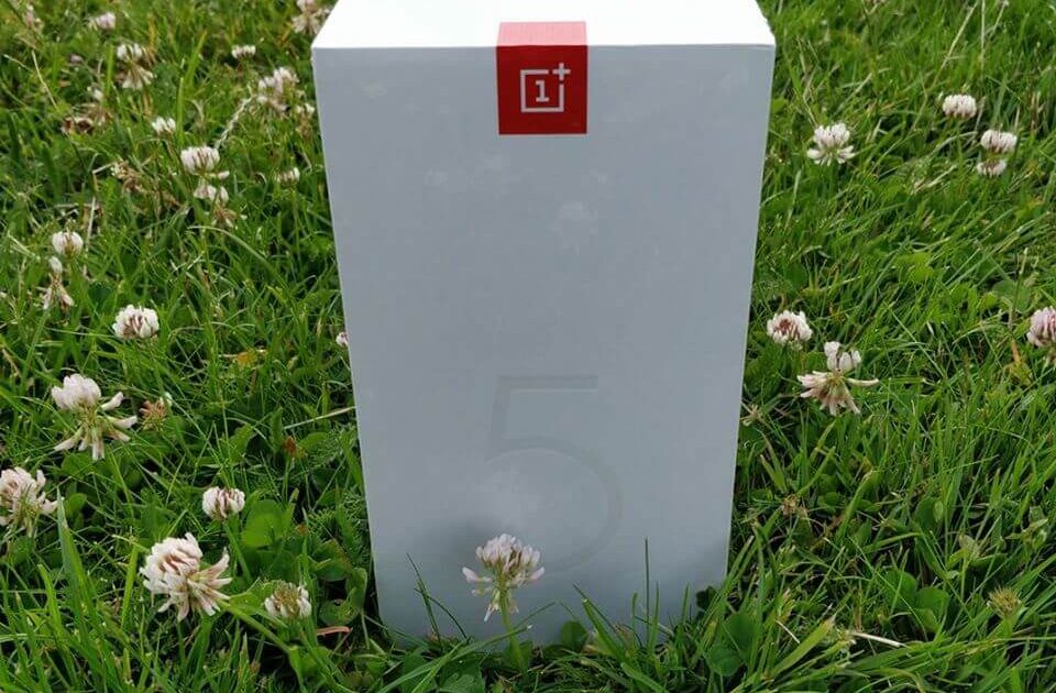 En vit OnePlus 5 smartphone-låda står upprätt på grönt gräs med små vita klöverblommor utspridda runt omkring.