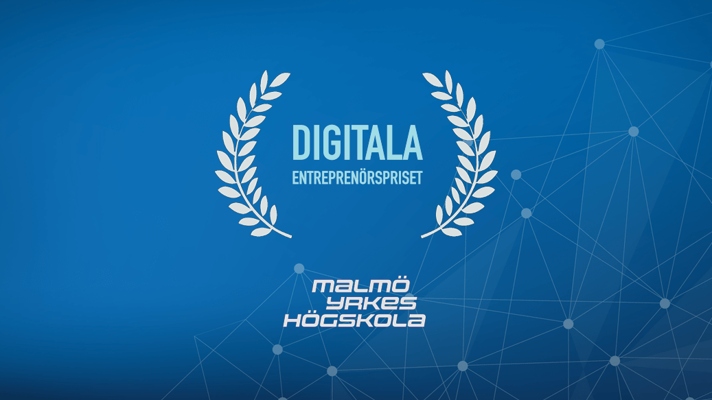 Blå bakgrund med vita lagerblad som omger texten ”DIGITALA ENTREPRENÖRSPRISIET.” Nedan syns Malmö Yrkeshögskolas logotyp, med ett diskret nätverksmönster till höger.