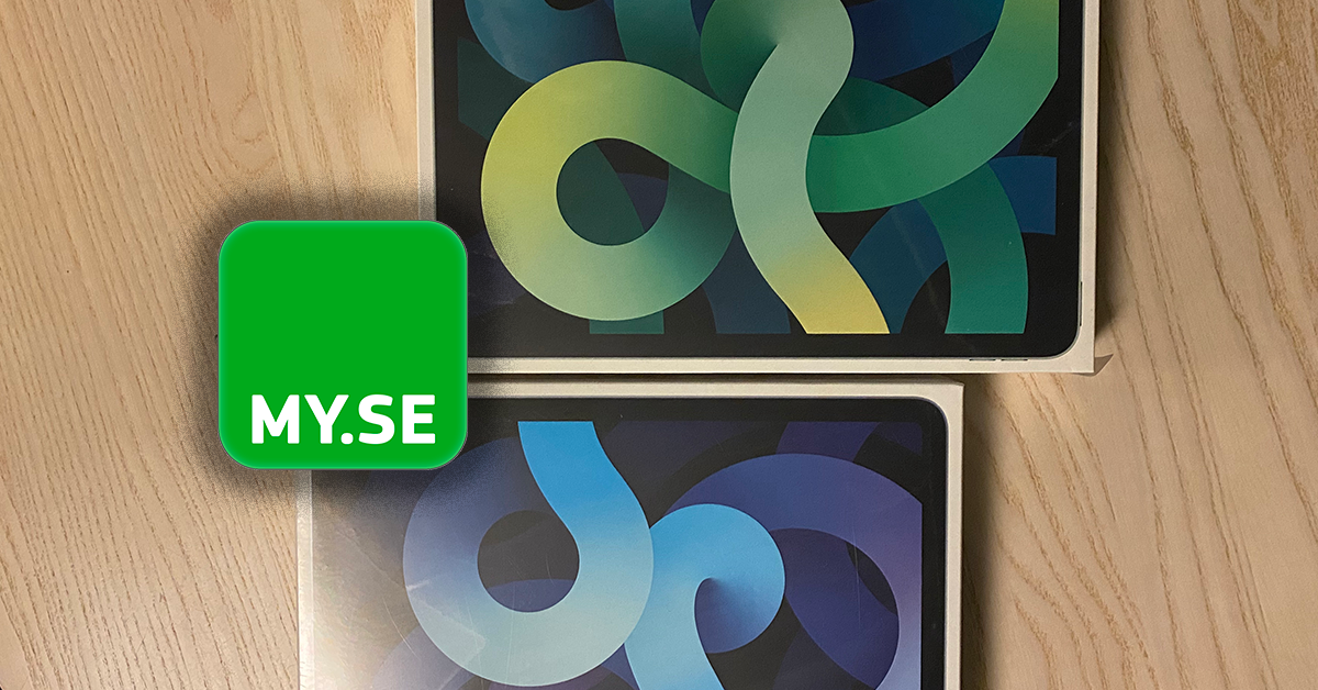Två iPads i kartong med färgglada abstrakta mönster på skalen är placerade på en ljus träyta. En ljusgrön fyrkant med den vita texten "MY.SE" ligger överlagrad på vänster sida av bilden.