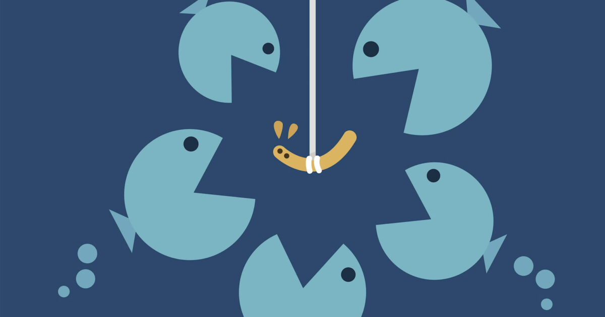 Fem stiliserade blå fiskar med öppna munnar omger en fiskekrok med en gul mask, som ser rädd ut. Blå bubblor är utspridda runt fisken, allt mot en mörkblå bakgrund.