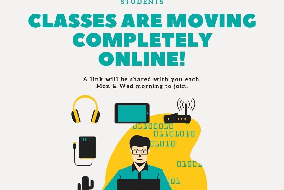 Meddelande för studenter inom innehållshantering: Undervisningen flyttas helt online! Illustration av en person vid en bärbar dator, med ikoner för hörlurar, en surfplatta, en router och binär kod i bakgrunden.