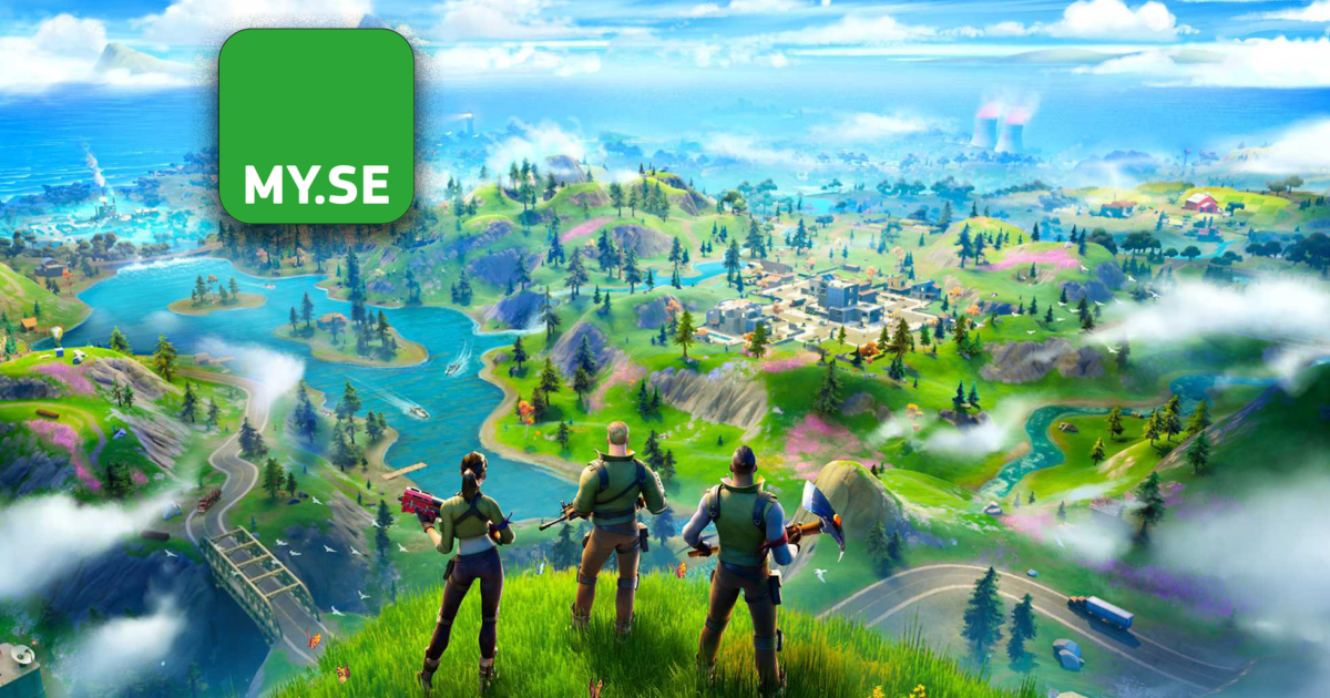 Tre karaktärer med vapen står på en gräsbevuxen kulle med utsikt över ett färgstarkt, vidsträckt landskap med floder, träd och byggnader. En grön fyrkant med MY.SE finns i det övre vänstra hörnet. Scenen är livfull och animerad.