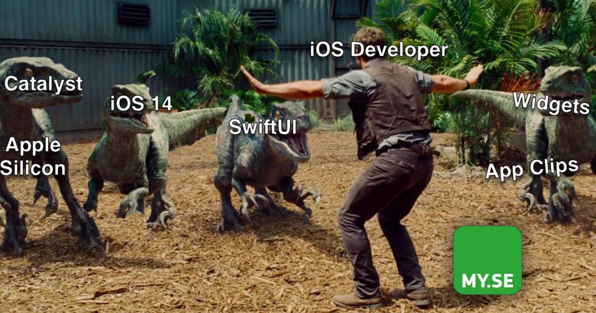 En man som står med utsträckta armar möter tre dinosaurier märkta med iOS-tekniker; ovanför honom är märkt iOS-utvecklare. Den gröna MY.SE-ikonen finns i det nedre högra hörnet.