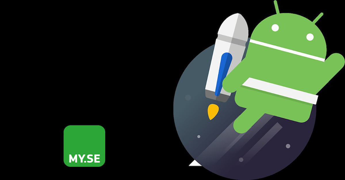 En illustration av den gröna Android-roboten som flyger med en raket i rymden, mot en mörkrund bakgrund. Till vänster finns en grön fyrkantig ikon med MY.SE skrivet i vit text.
