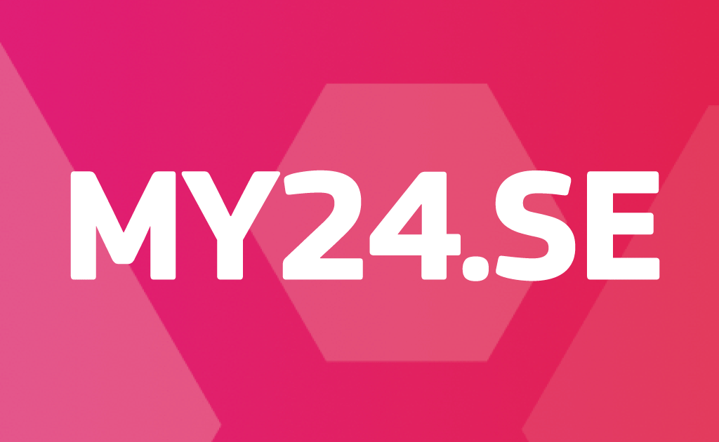 Vit text MY24.SE centrerad på en rosa och röd bakgrund med sexkantiga former.