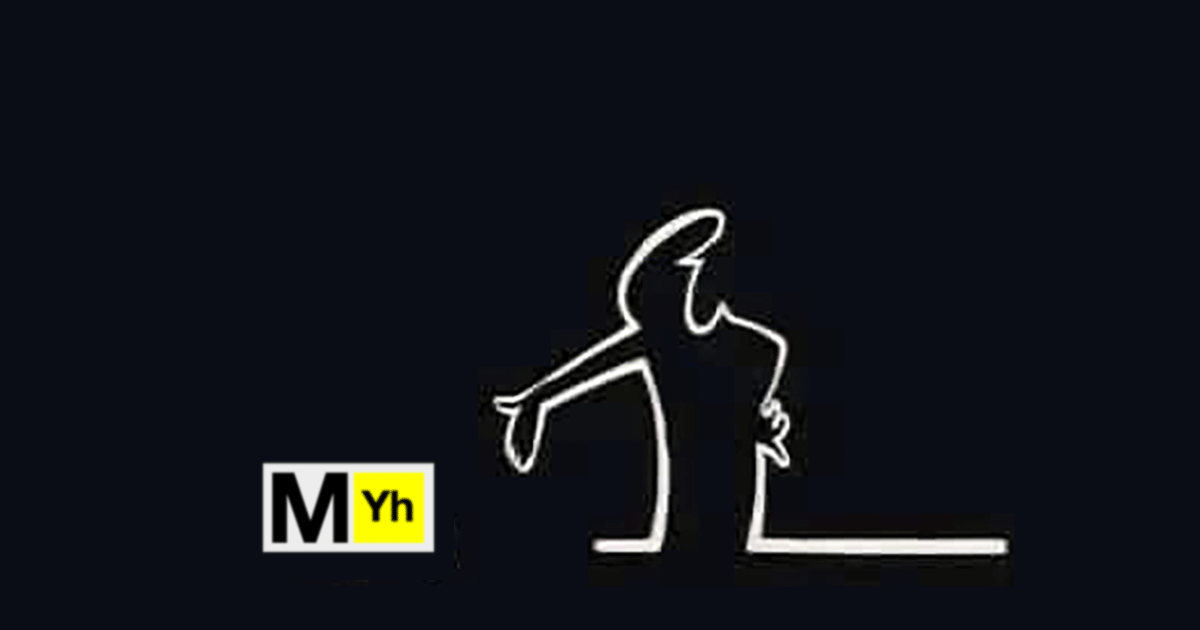 En minimalistisk linjeteckning av en person med en arm utsträckt, mot en svart bakgrund. I det nedre vänstra hörnet finns en vit rektangel med ett djärvt svart M och en mindre gul kvadrat med ett Yh inuti.
