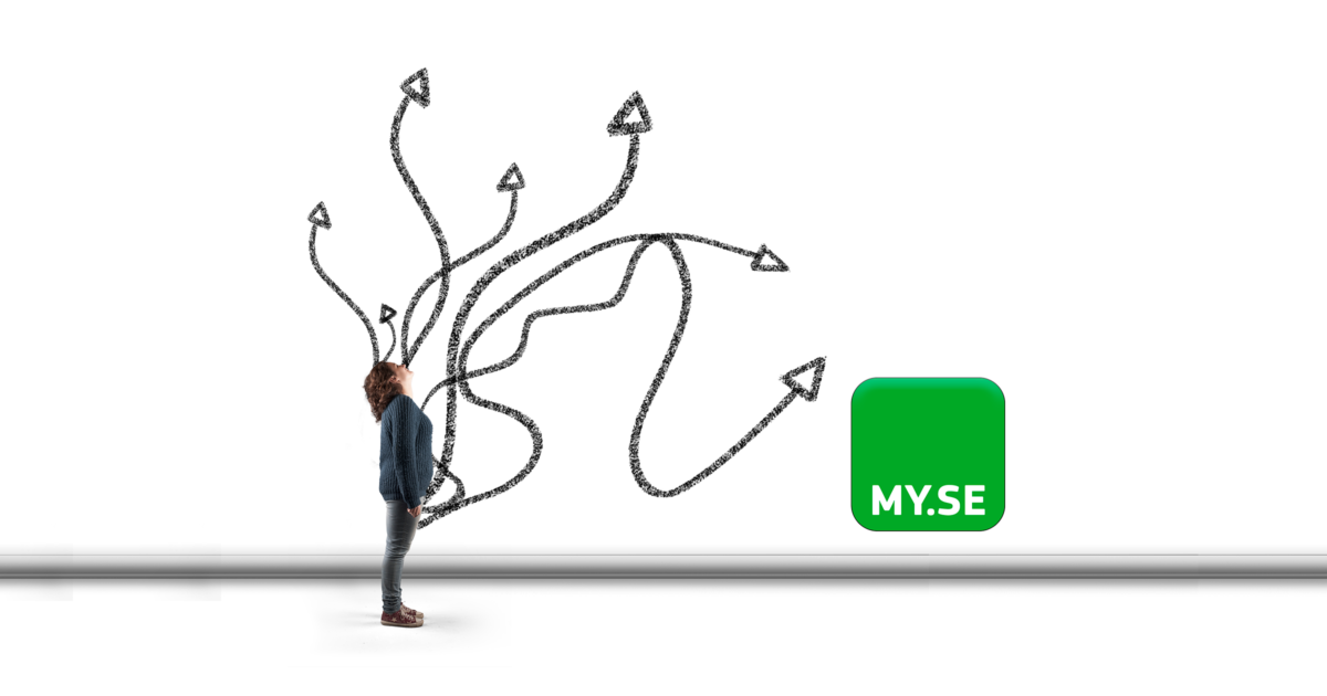 En person står på en linje och tittar på en grön ruta märkt MY.SE medan flera handritade pilar böjer sig i olika riktningar från deras huvud mot rutan.