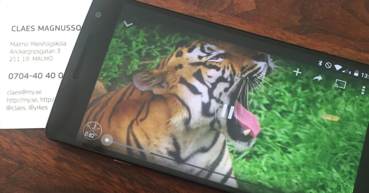 En smartphone visar en video av en tiger som ligger på gräs med öppen mun, möjligen gäspande eller rytande. Bredvid telefonen ligger ett visitkort för Malmö Yrkeshögskola på en träyta.