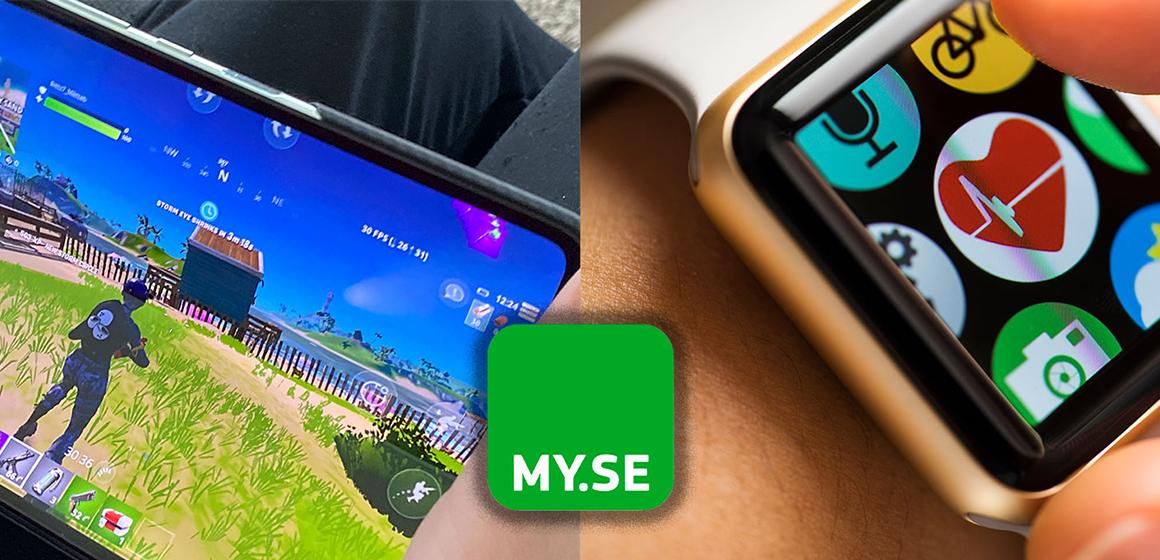 En delad bild visar en person som spelar ett skjutspel på en smartphone (vänster) och någon som använder en smartklocka med färgglada appikoner (höger), med en grön MY.SE-logotyp i mitten.