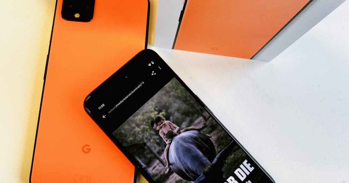 En orange Google Pixel 4 XL-smartphone och dess låda ligger på en vit yta. En svart telefon visar en bild av en flodhäst och texten LÄR DIG ELLER DÖ. En annan Pixel 4 XL-låda syns i bakgrunden.