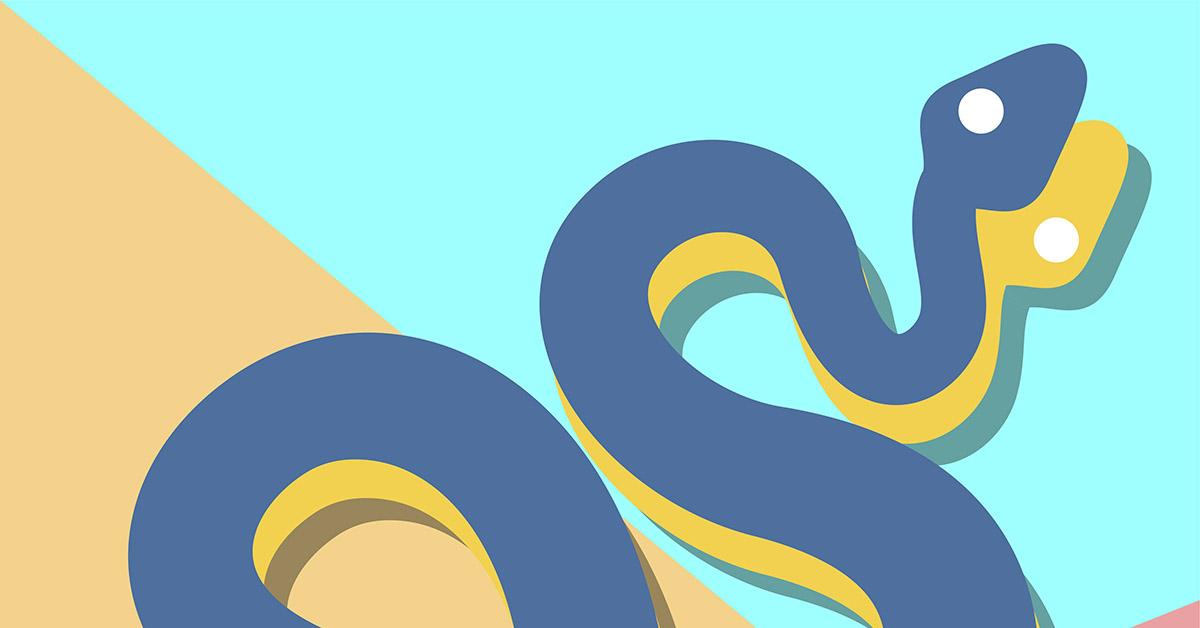 Platt illustration av en blå och gul orm med två vita ögon, mot en bakgrund uppdelad i beige och ljusblå sektioner. Ormen är böjd och sedd ovanifrån.