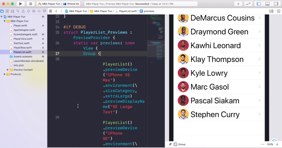 En datorskärm som visar Xcode med Swift-kod för en spelarlista till vänster och en förhandsvisning av en app för basketspelarlista med spelarnamn och avatarer till höger.