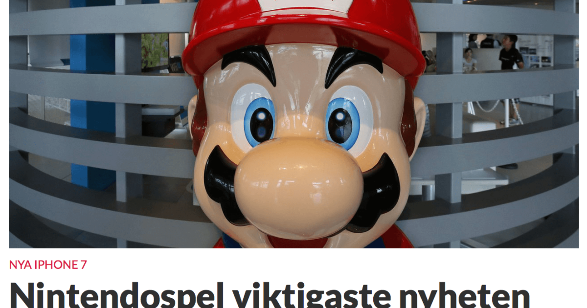 En stor Mario-staty med röd hatt och M-logotyp visas inomhus. Under bilden finns en svensk rubrik om att Nintendo-spel är den viktigaste nyheten från Apple.