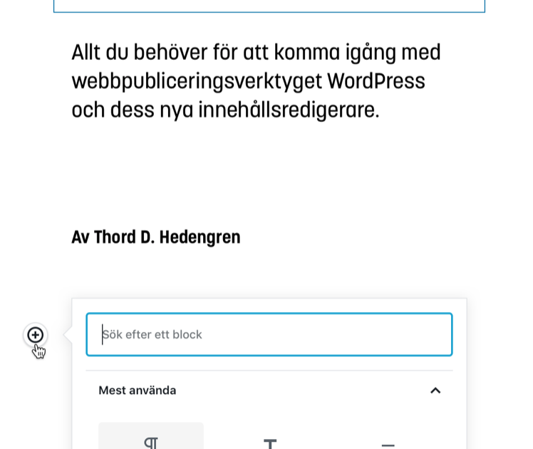 En svensk webbsida med titeln Webbpublicering med WordPress 5.1 visar en introduktion till WordPress, med en skärmdump av blockredigeraren med alternativ som stycke, rubrik, bild, galleri och lista.