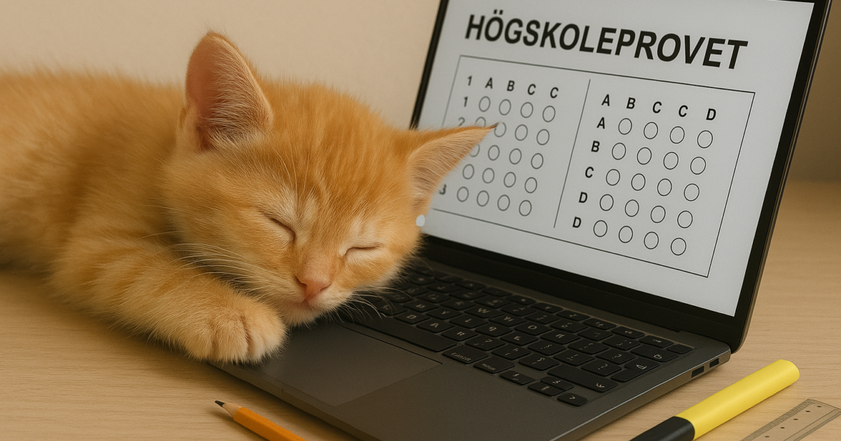 En röd kattunge sover på ett laptoptangentbord. På laptopskärmen finns ett flervalssvarsblad märkt Högskoleprovet. En penna och linjal ligger i närheten på skrivbordet.