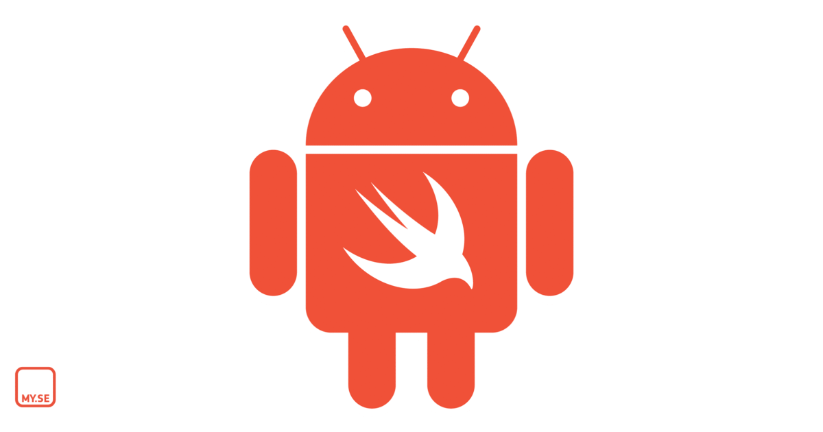 En röd Android-robot med fågellogotypen för programmeringsspråket Swift på bröstet mot en vit bakgrund. Den lilla MYSE-logotypen finns i det nedre vänstra hörnet.