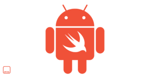 En röd Android-robot med fågellogotypen för programmeringsspråket Swift på bröstet mot en vit bakgrund. Den lilla MYSE-logotypen finns i det nedre vänstra hörnet.