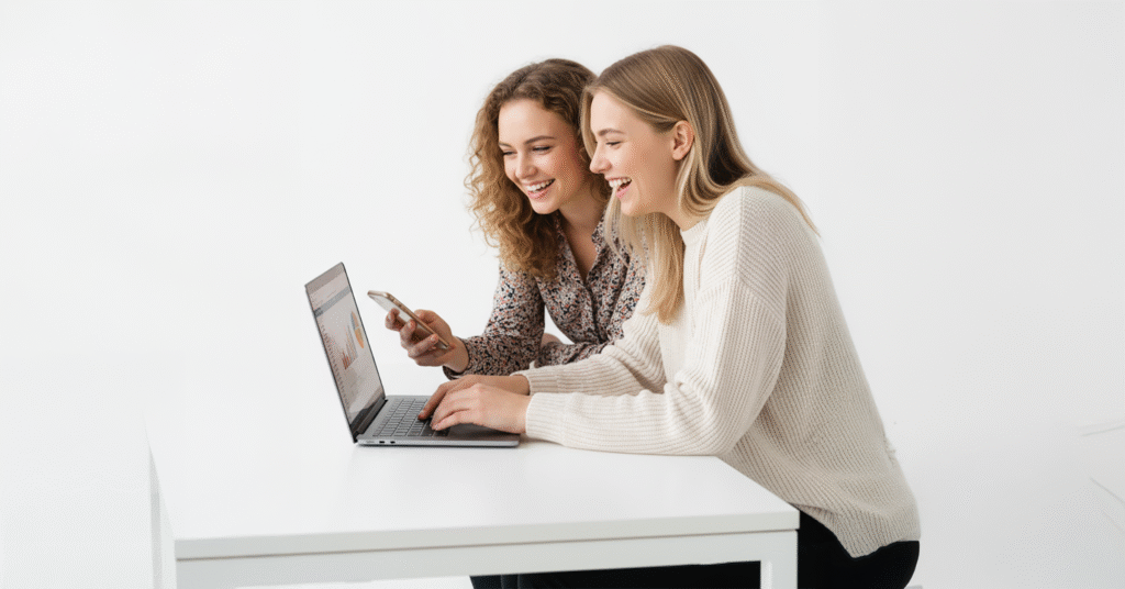 Två unga kvinnor sitter vid ett vitt bord, ler och tittar på en laptopskärm. Den ena skriver på den bärbara datorn medan den andra håller i en smartphone, båda verkar engagerade och glada i en ljus, minimalistisk miljö.