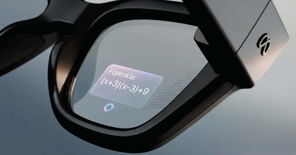 Närbild på ett par smarta glasögon som visar en matematisk ekvation, (x+3)(x-3)+9, och ordet Förenkla: på linsen. Glasögonen har en elegant svart ram.