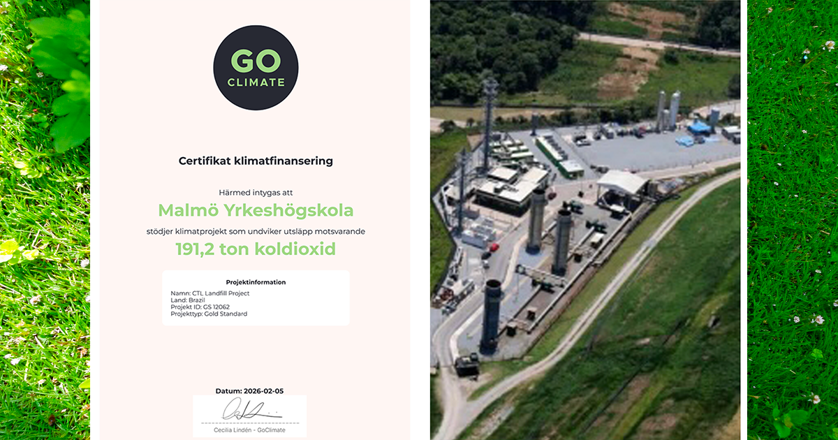 Till vänster visas ett klimatcertifikat för Malmö Yrkeshögskola som stödjer ett projekt som kompenserar för 191,2 ton CO2; till höger visas en flygbild av en industrianläggning omgiven av grönska.