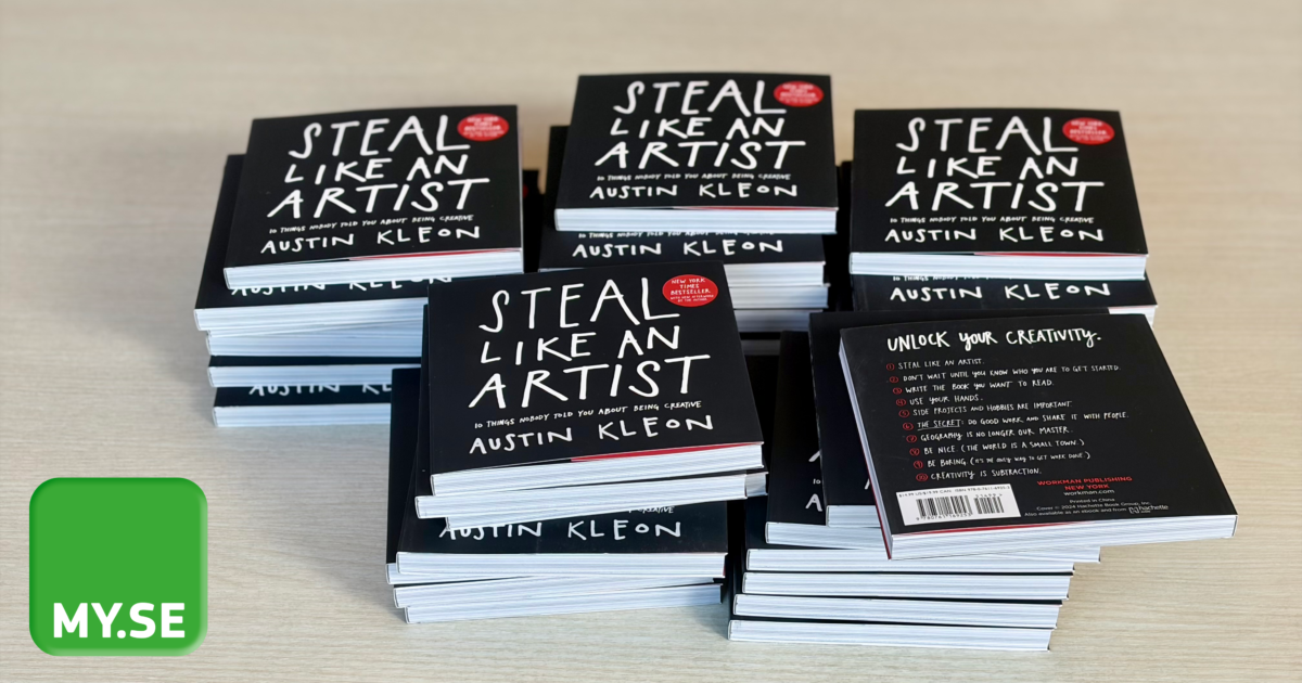 En bunt Steal Like An Artist-böcker av Austin Kleon på en ljus träyta, med en grön MY.SE-logotyp i nedre vänstra hörnet.