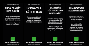 Fyra svarta banderoller med vit svensk text som marknadsför Malmö Yrkeshögskola. Varje banderoll har en rubrik om innovation på arbetsplatsen, en kort beskrivning och skolans gröna logotyp längst ner.